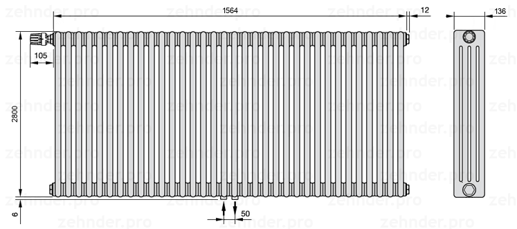 Схема (чертеж) Радиатор Zehnder Charleston 4280/34 №V007 Белый глянцевый RAL 9016